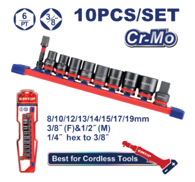 10 Pcs 3/8" Drive Impact Socket Set, Chrome Vanadium Steel, 6-Point, Durable, with Storage Case